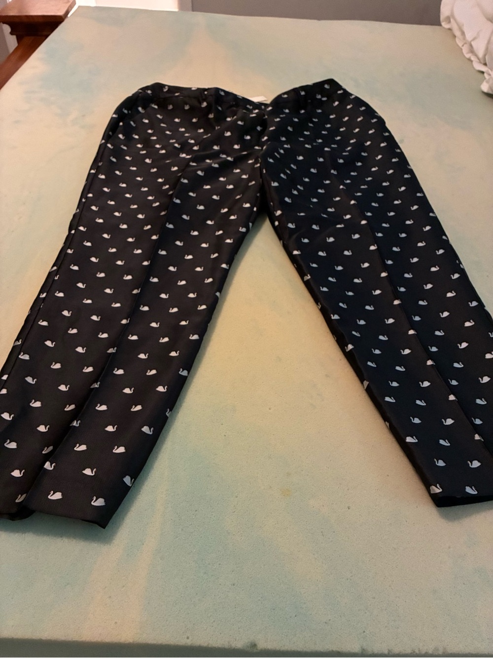 Talbots Blue Straight-Leg Pants with White Swan Print